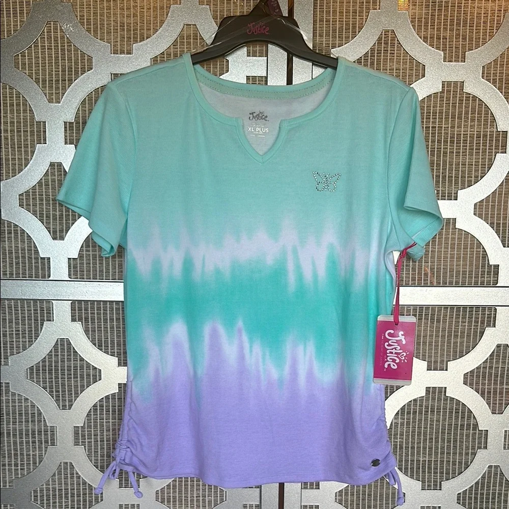 Justice teal, White and Purple Short Sleeve Tee